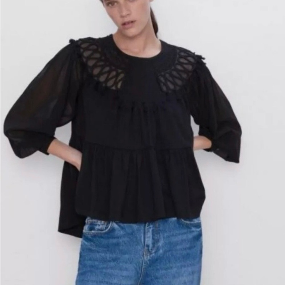 Zara Sheer Tassel Trim Puff Sleeve Swing Blouse Size M Elegant Dark Feminine